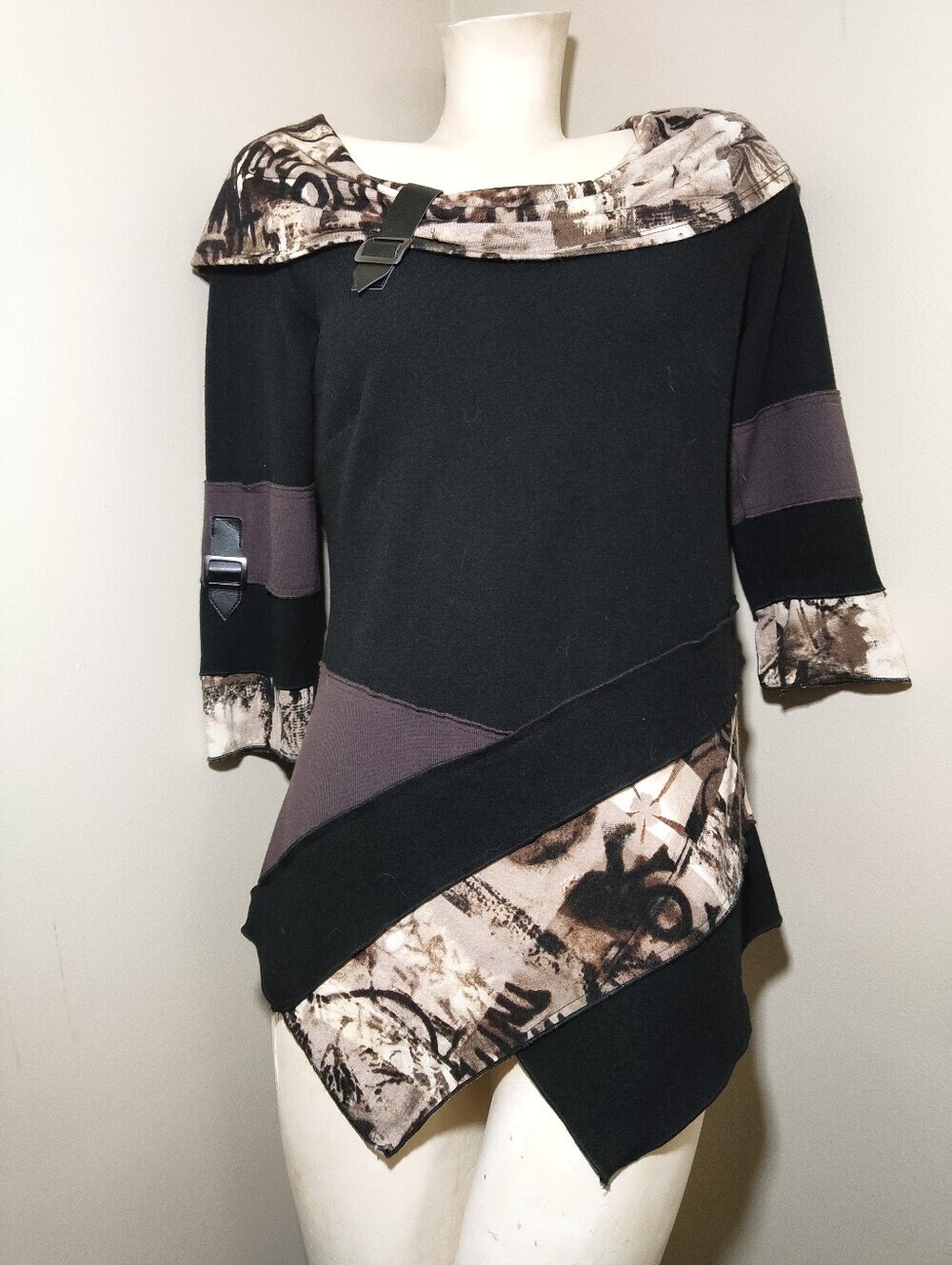 Bali Mixed Media Asymmetrical Tunic Top Black Abstract Faux Leather Trim M - Picture 2 of 12